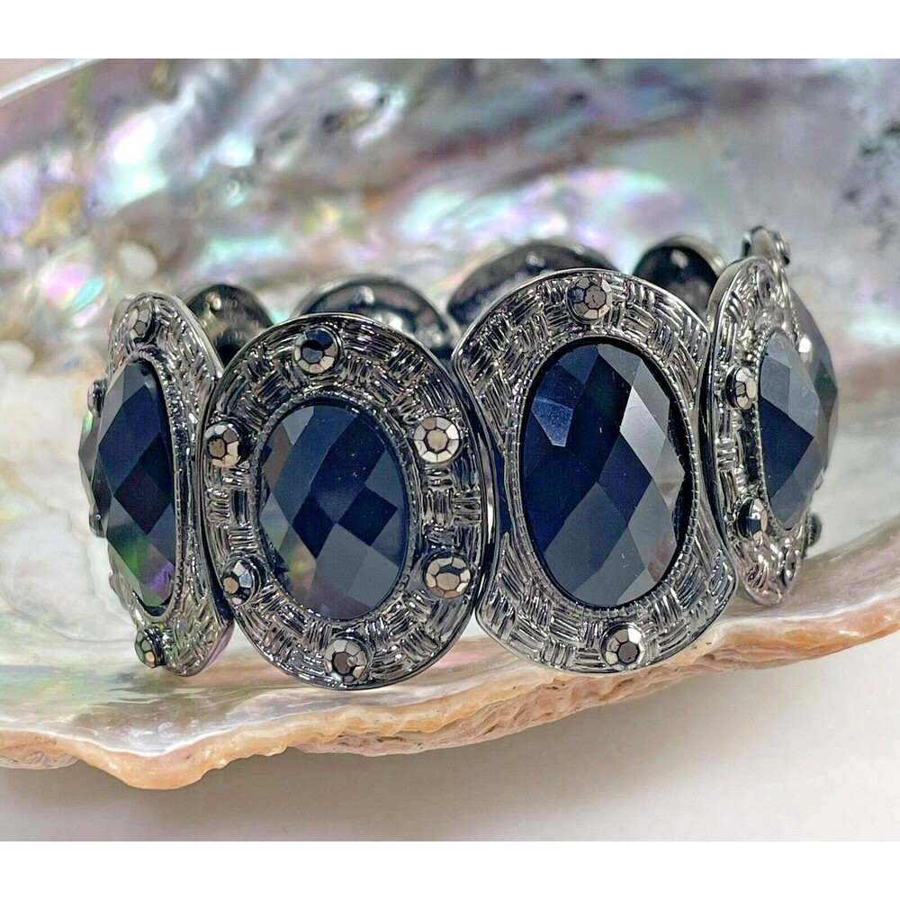 Stretchy Black Pewter Bracelet Women's 8.5 inch With Stones Costume Jewelry